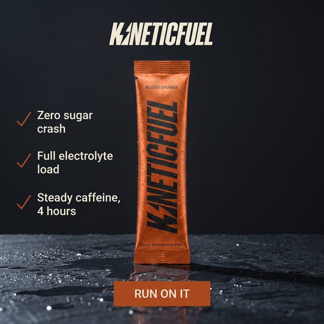 KineticFuel Blood Orange stick pack: zero sugar crash, full electrolyte load, steady caffeine for four hours