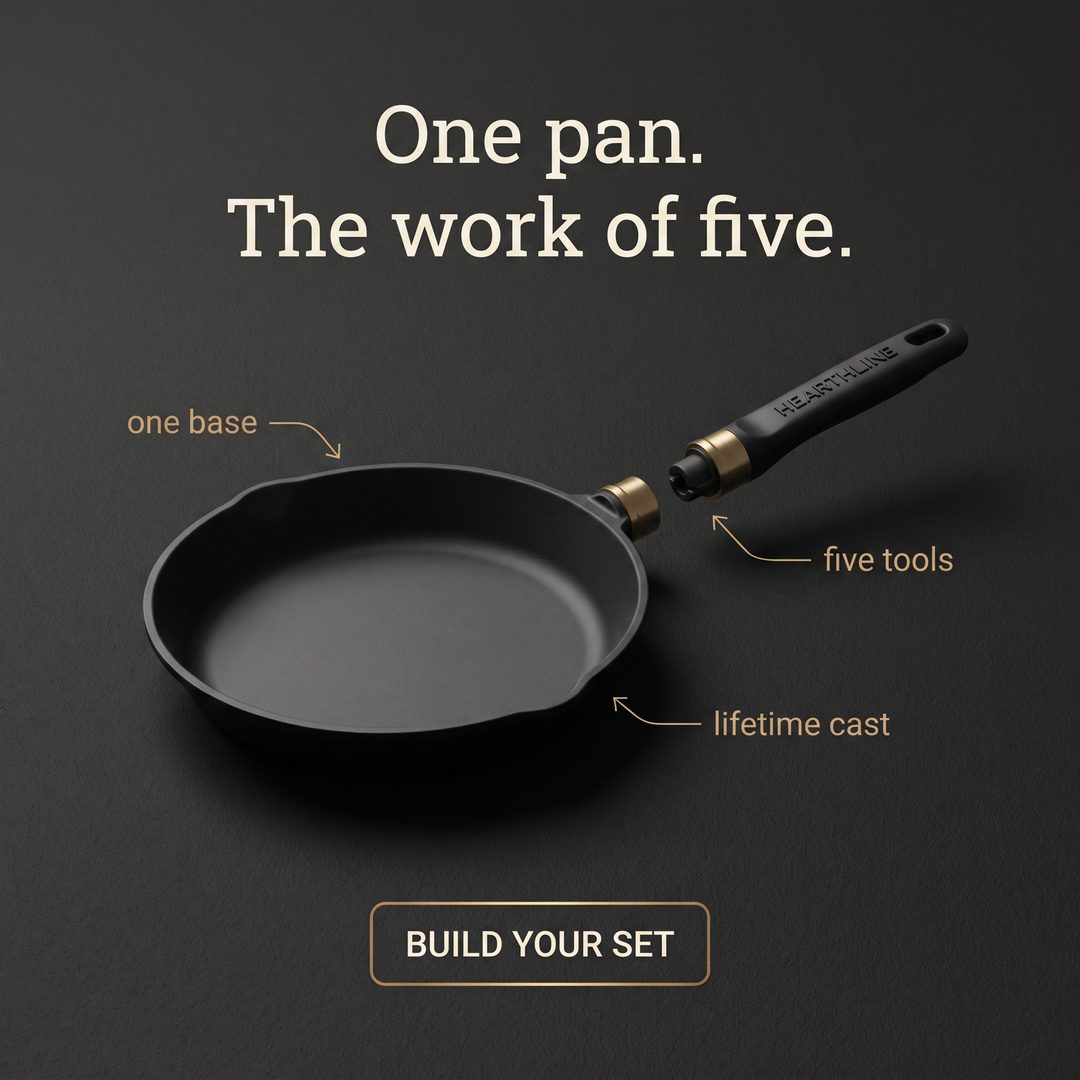 Hearthline cast iron pan with a detachable handle: one base, five tools, lifetime cast