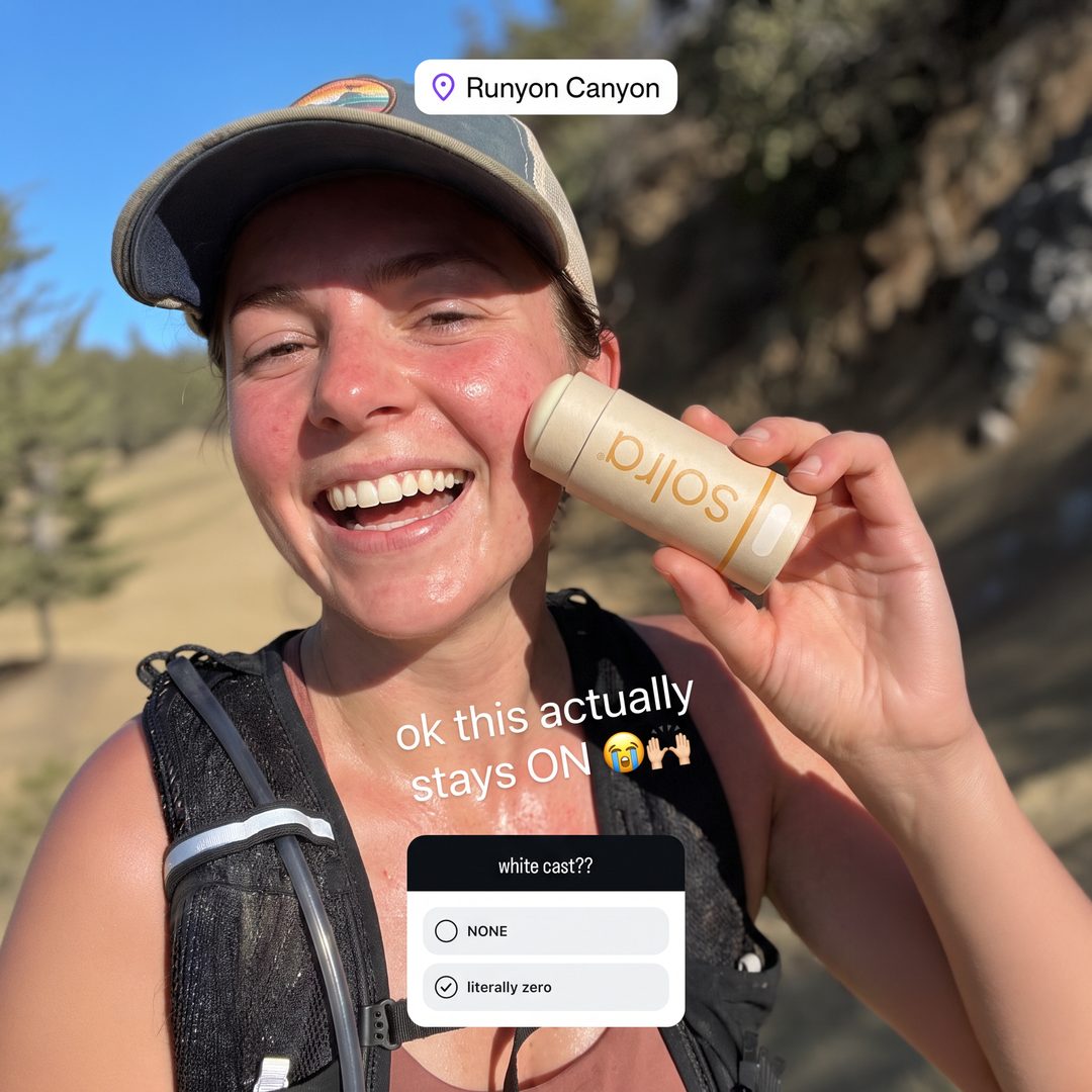 A hiker at Runyon Canyon holding a Solra sunscreen stick, with a poll answering no white cast