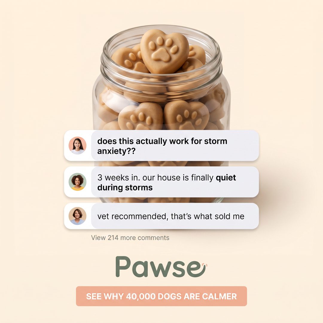 A jar of Pawse calm chews under three customer comments about storm anxiety