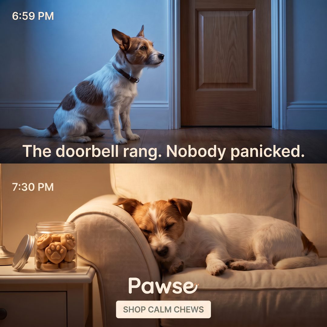 The same dog at 6:59pm alert at the door and at 7:30pm asleep on a chair, after Pawse calm chews