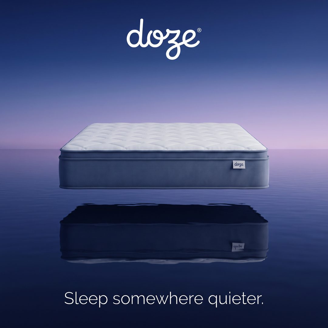 A doze mattress on still water at dusk, captioned sleep somewhere quieter