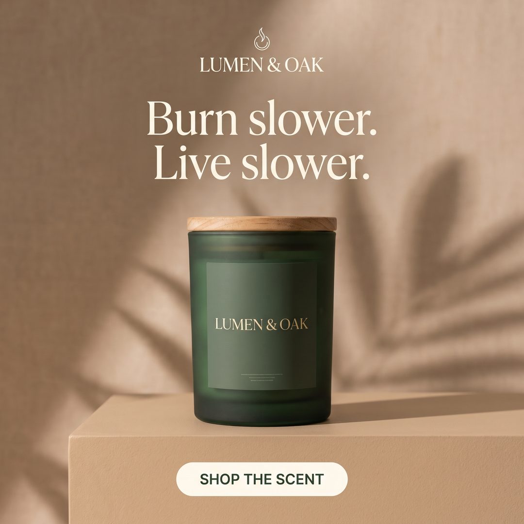 A Lumen & Oak candle on a plinth, captioned burn slower, live slower
