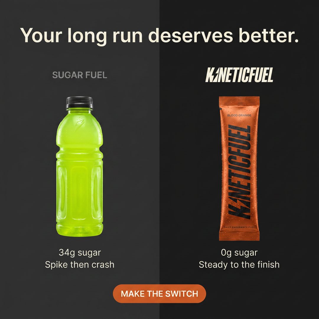 A 34g sugar sports drink beside a zero sugar KineticFuel stick pack, spike and crash against steady to the finish